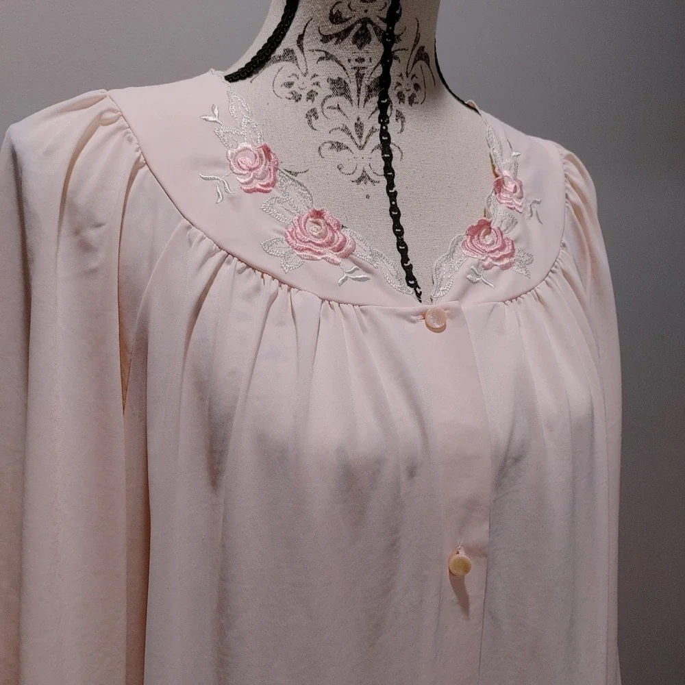 Romantic Vtg Shadowline Pink Floral Embroidered Nightgown Light Wedding 1X